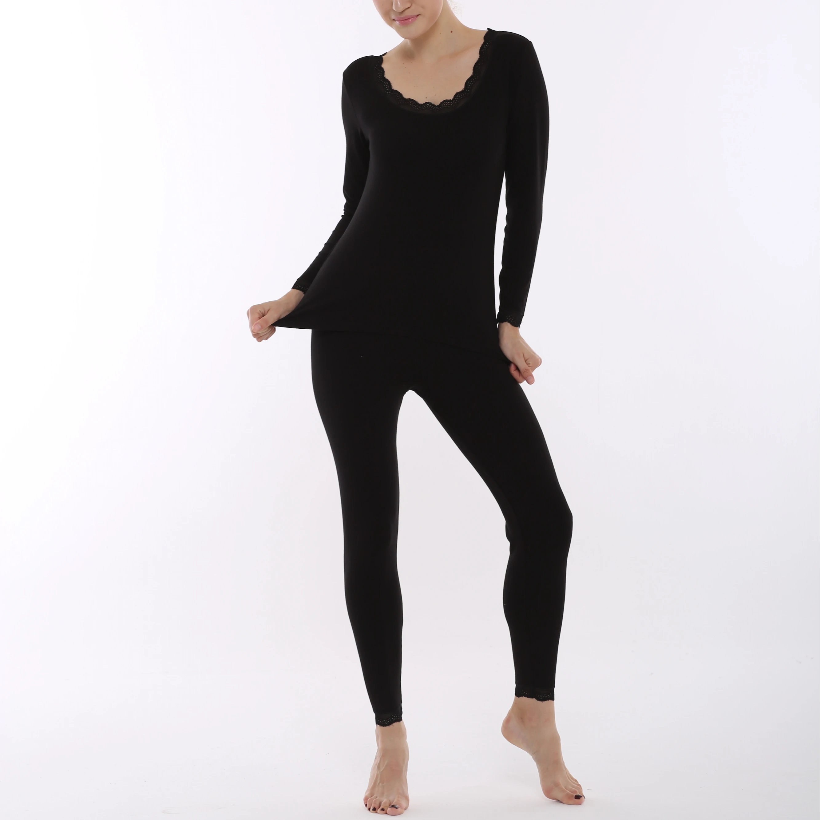 
Modal Lace Edge Round Collar Cozy Cotton Long Sleeve Shirts Underwear Set Lingerie Set Women Viscose Fiber & Spandex Black 