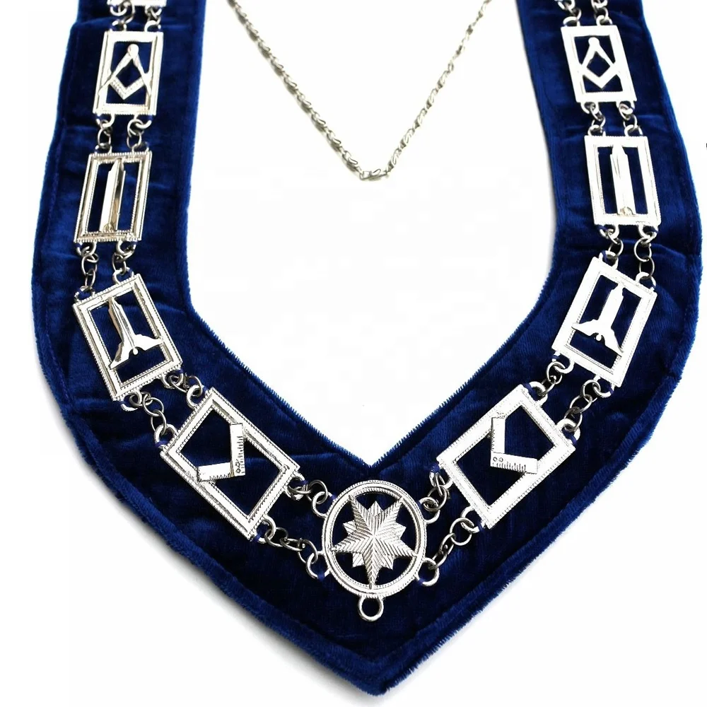 Masonic Blue Lodge Chain collar with Royal Blue Velvet and working tool jewels best quality chain collar