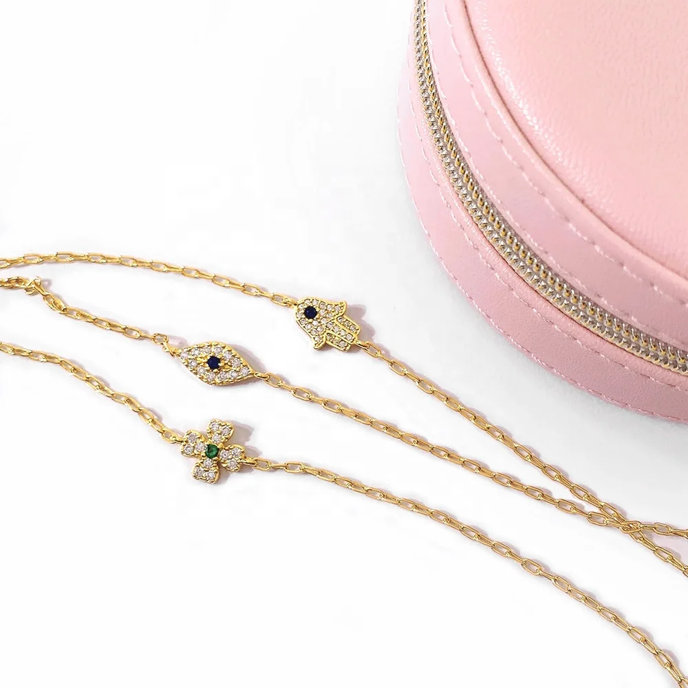 Thin Chain 18K Gold Plated Jewelry Four Leaf Clover Turkish Evil Eye Hamsa Hand Charm Bracelets