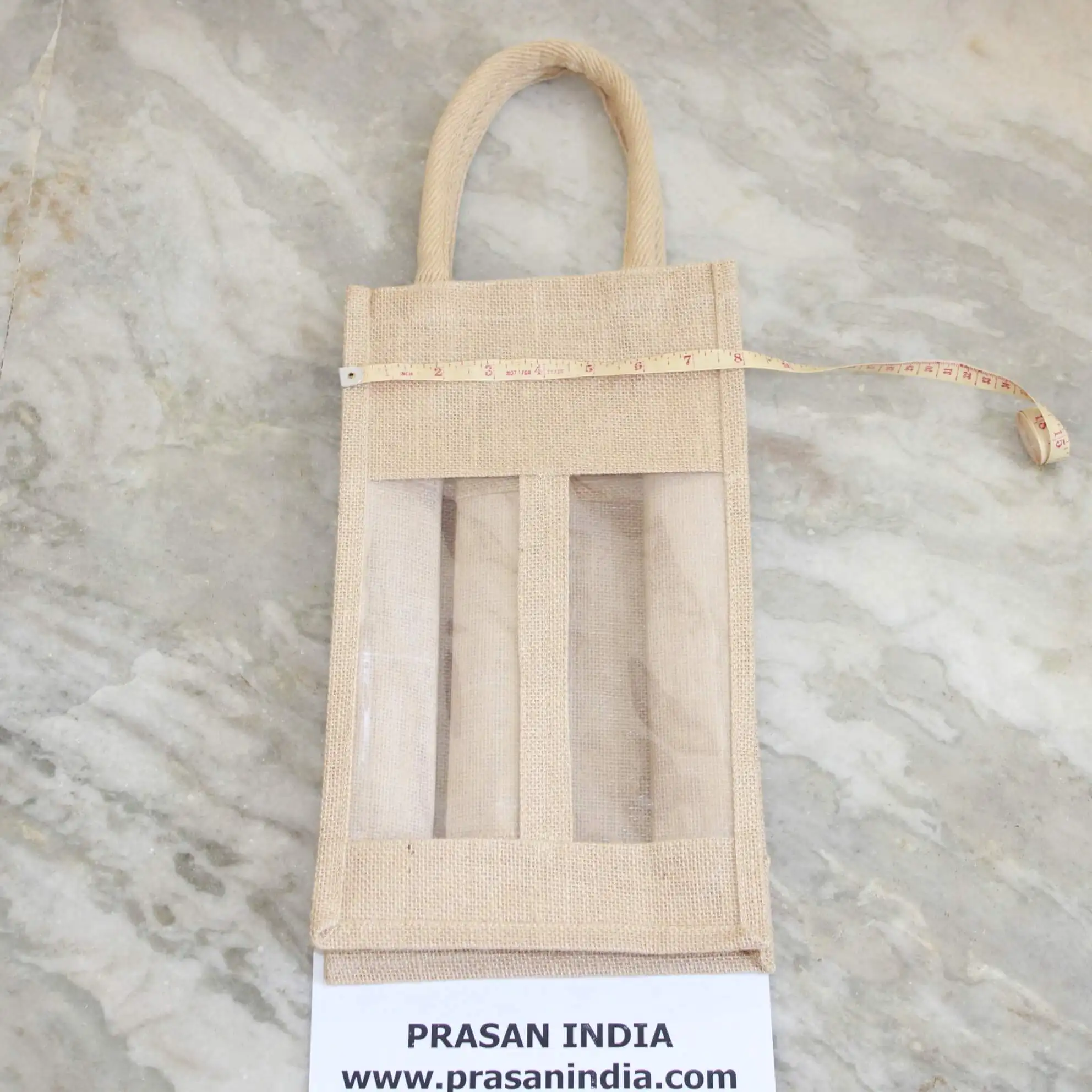 Two Bottle Wine Bag with front Transparent window main material used to construct the bag is JUTE