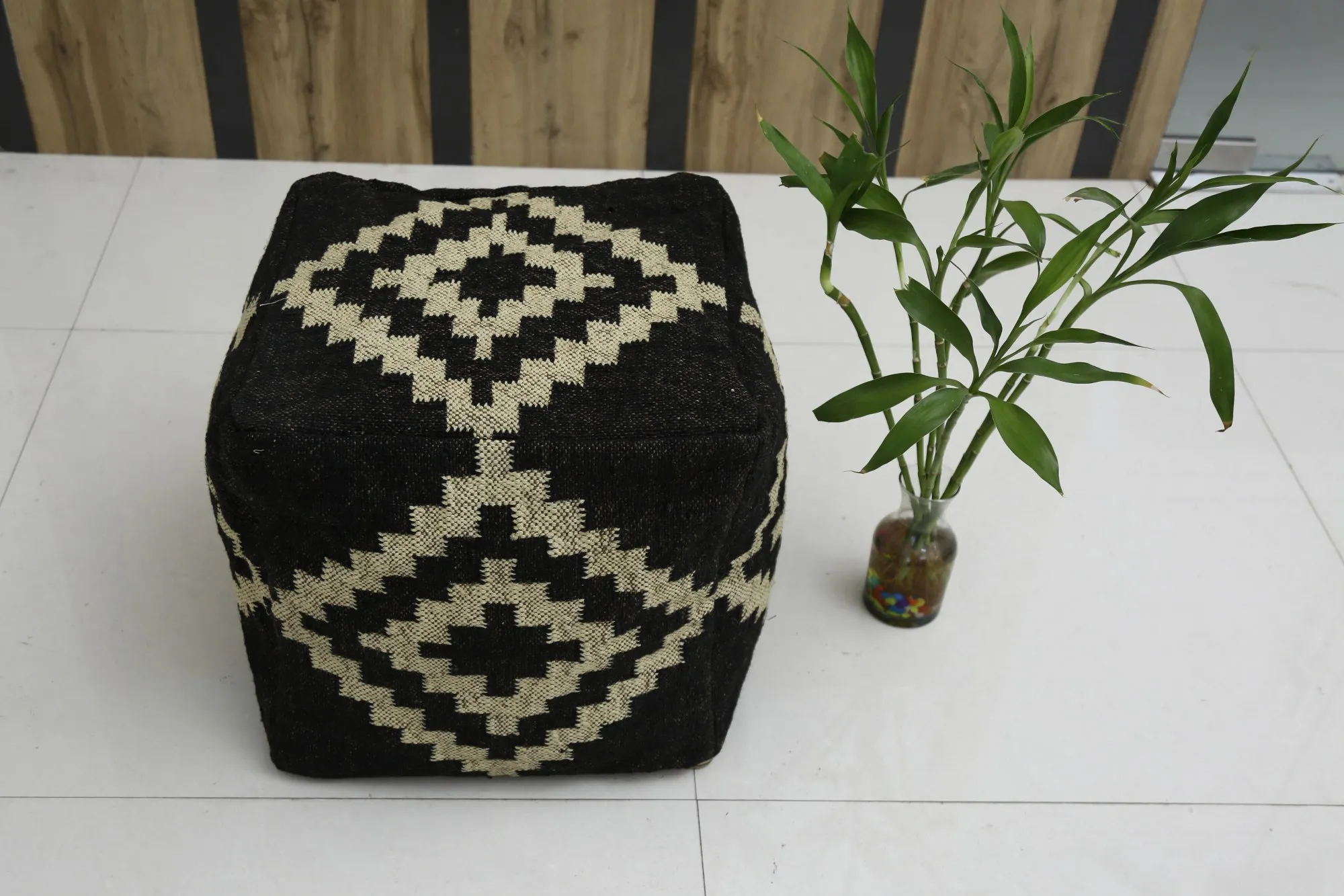 Indian Kilim Ottoman Pouf Cover Jute Wool Floor Cushion Case Wholesale Pouffe Cover Handwoven Sitting Pouf Cover