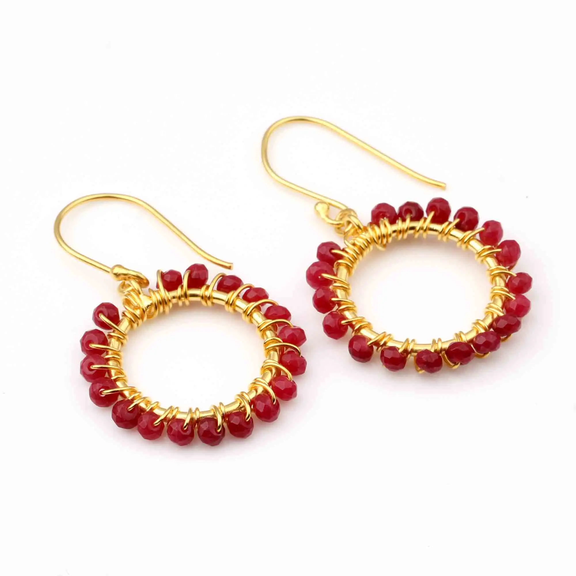 Latest Dyed Ruby Beads Gold Plated Round 2mm Beautiful Designer 925 Fabulous Classy Stylish Sterling Silver Circle Hoop Earring