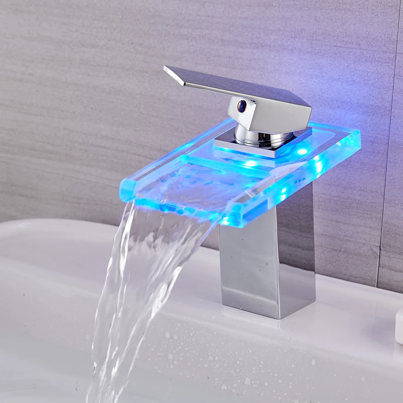 LED Faucet 3 Colors Waterfall Glass Spout Sink Faucet Cold and Hot Water Mixer Tap