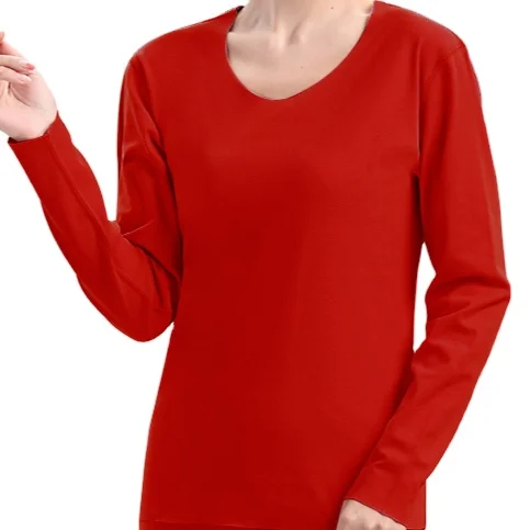 
Women Thermal Flexible Cozy Round Neck Double-face Fleece Underwear Set Loungewear With Long Sleeve Shirt and Pants Red 