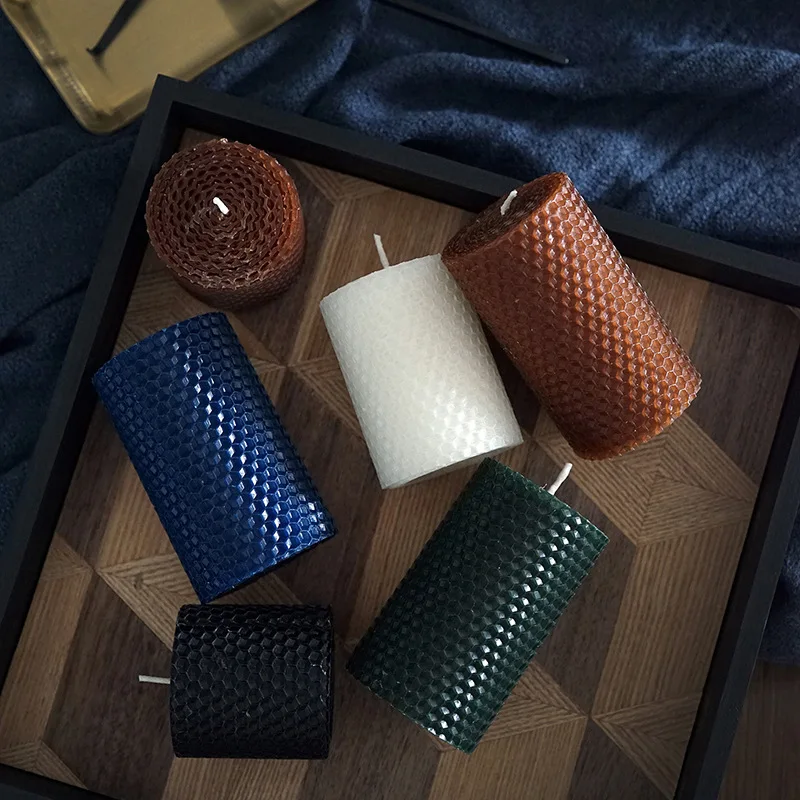 Nordic honeycomb pillar candle INS decor morandi tone candle handmade rolled beeswax candle