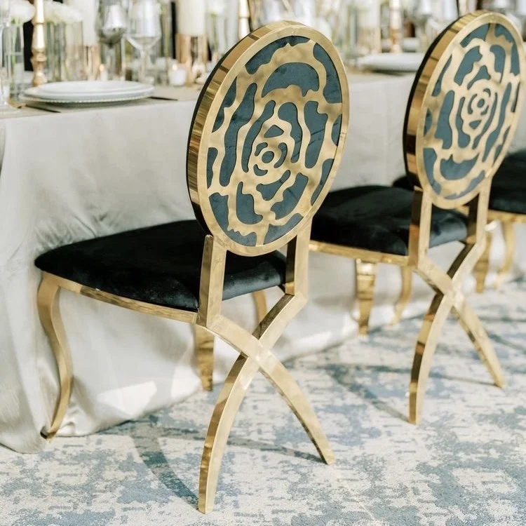 Hotel Hall Rose Pattern Laser Back Wedding Chair Customized Cross Leg Stainless Steel Velvet Banquet Chair