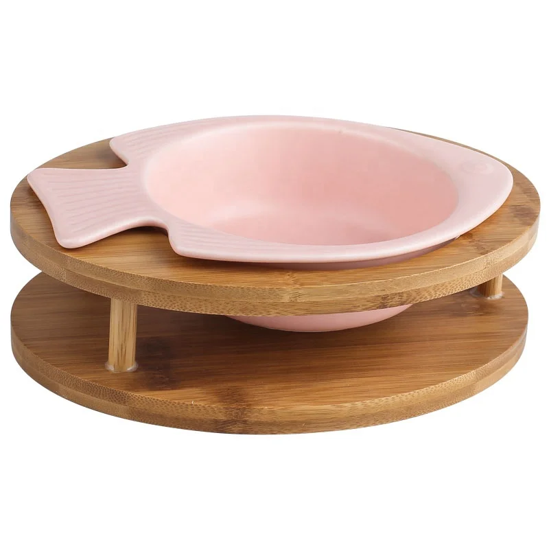 Manufacturers Raised Ceramic Fish Shape Pet Bowl With Wooden Frame Stand Cat Dog Bowl Pet Feeder ChaoZhou Supply