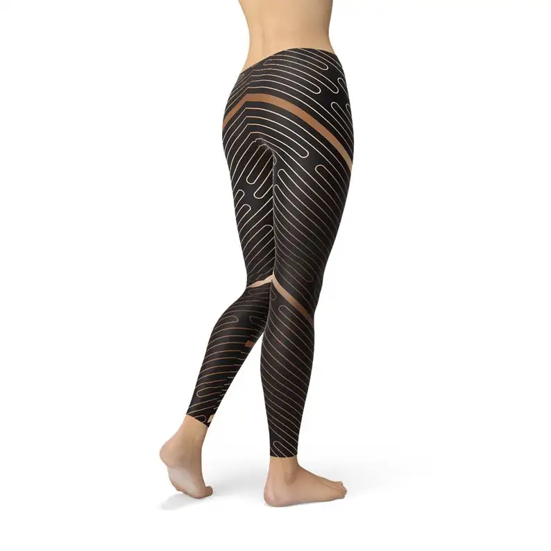 
OEM Brown Leggings For Women - Striped Pattern Art Deco Style Print Workout Leggings 