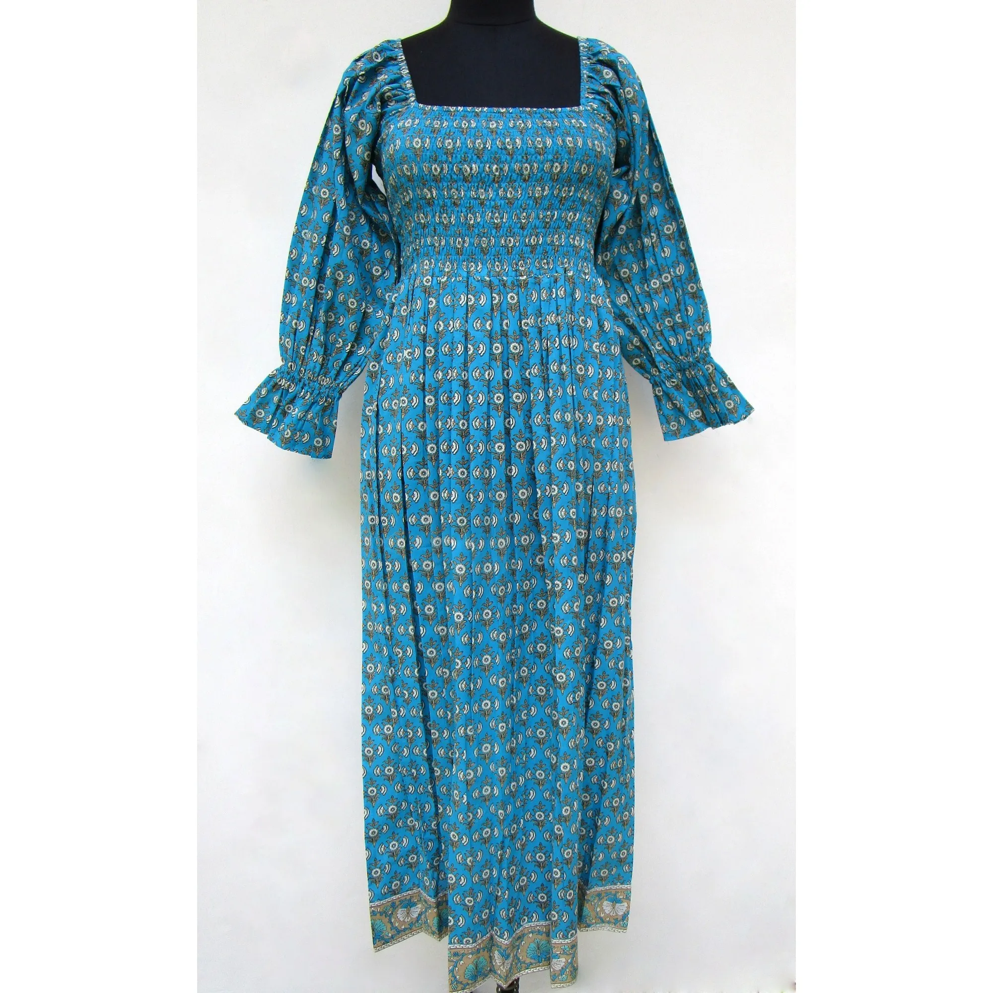 Floral printed boho style womens with smocking yoke travel wear long maxi dresses