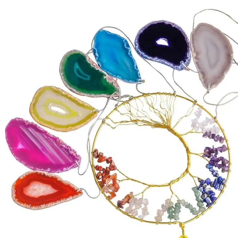 TREE OF LIFE AGATE SLICES WIND CHIMES FOR HOME DECORATION / HANDMADE 7 CHAKRA STONE WIND CHIMES FOR HEALING/ INDOOR OUTDOOR