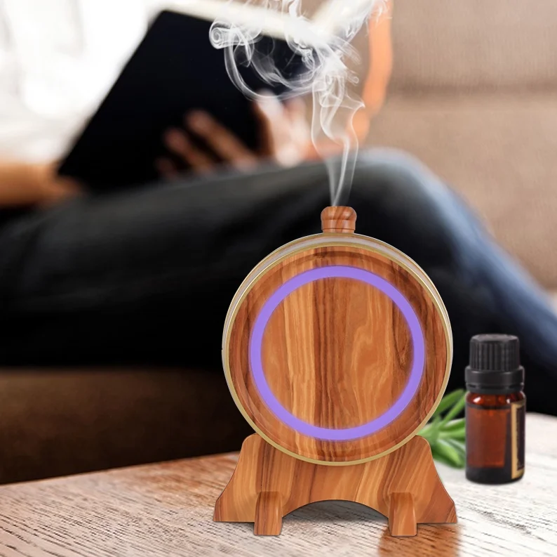Hot Selling Smart Wood Grain Wine Barrel Aroma Diffuser 350ml Blue Tooth 7 Led Light Aroamtherapy Diffuser