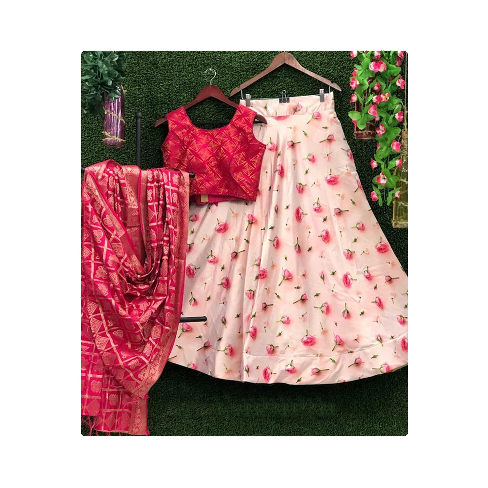 Лучший дизайнерский цветочный принт lehenda в розовом с красной блузкой и тяжелым Duppatta, изготовленный от индийского поставщика