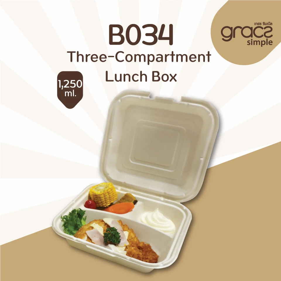 High Quality biodegradable food containers Storage Three-Compartment Lunch Box 1,250ml Thailand