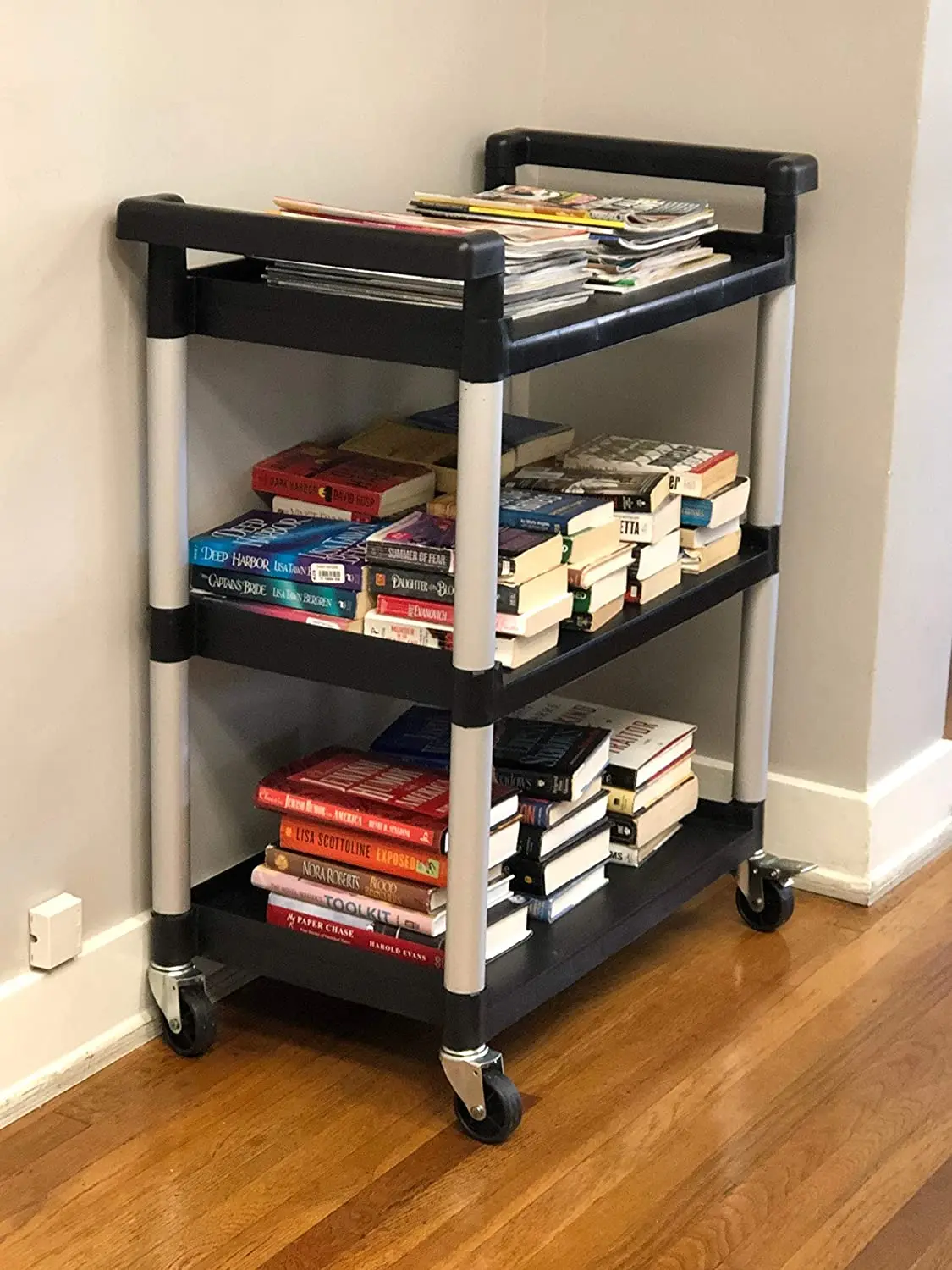 3-Shelf Black Utility Plastic Cart with Wheels Kitchen Island Trolley Serving Cart Foodservice Restaurant Cleaning