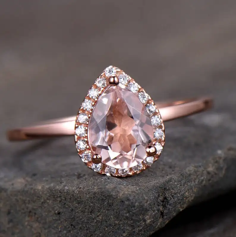 Pear Cut Morganite Engagement Ring 6 x 8 mm Rose Gold Plated Plain Gold Band Minimalist Ring 925 Sterling Silver Bridal Ring