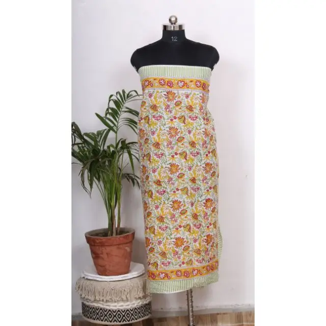 Indian Hand Block Printed Cotton Sarong Jaipuri Hand Made Set Natural Colored Scarf Sanganeri Print Gift For Mother Day