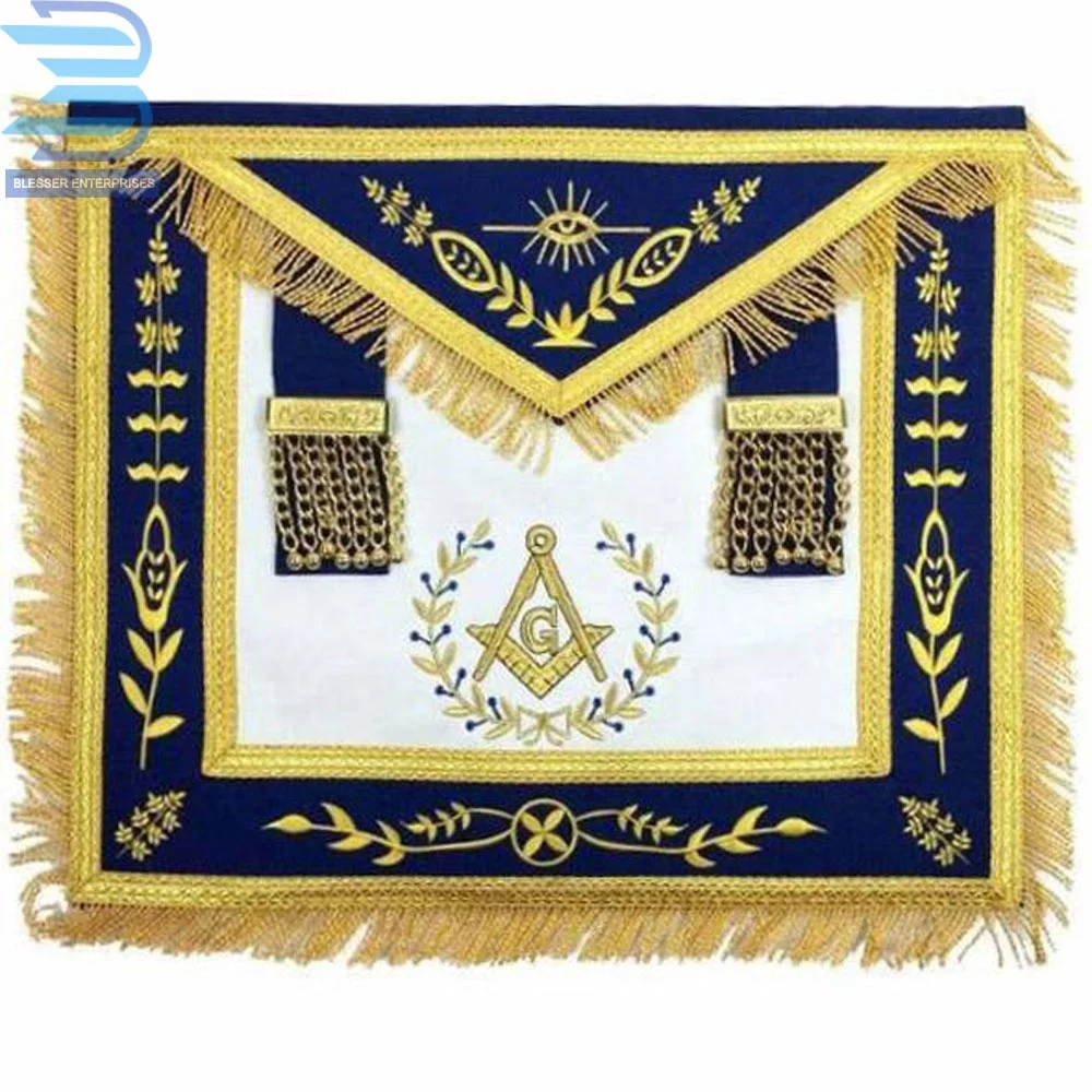 Bullion Hand Embroidery Masonic Regalia Blue Lodge Master G Mason Gold Machine Embroidery Apron With Fringe