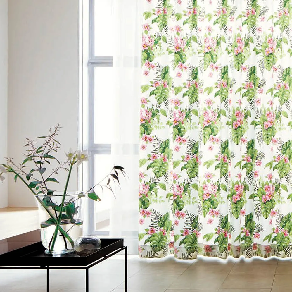 A tropical resort-style curtain fabric made in Japan with a tropical botanical design.
