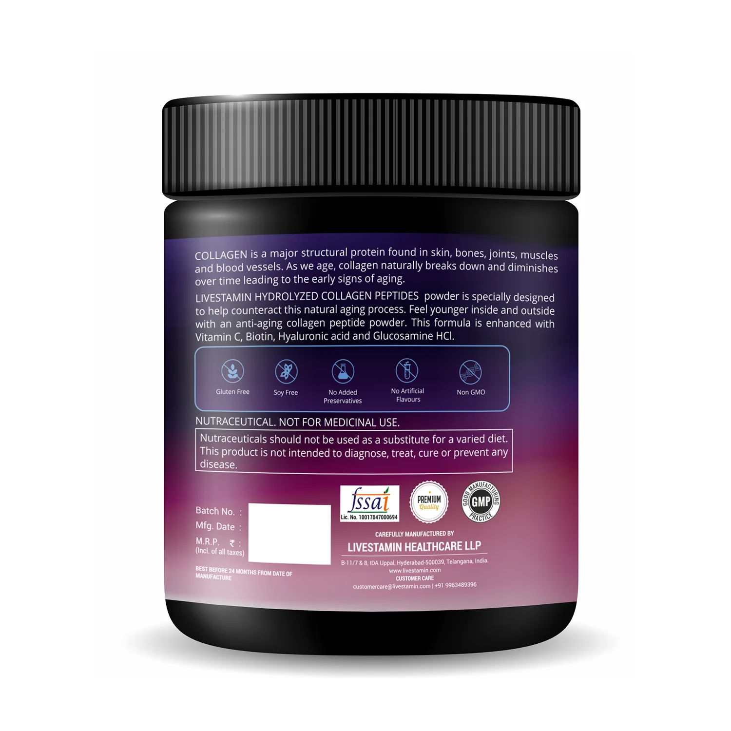 Hydrolyzed Collagen Peptides 200gms Blueberry Flavour with Glucosamine HCl For Vitamins Hair, Skin, Nails & Joint Supplement ISO