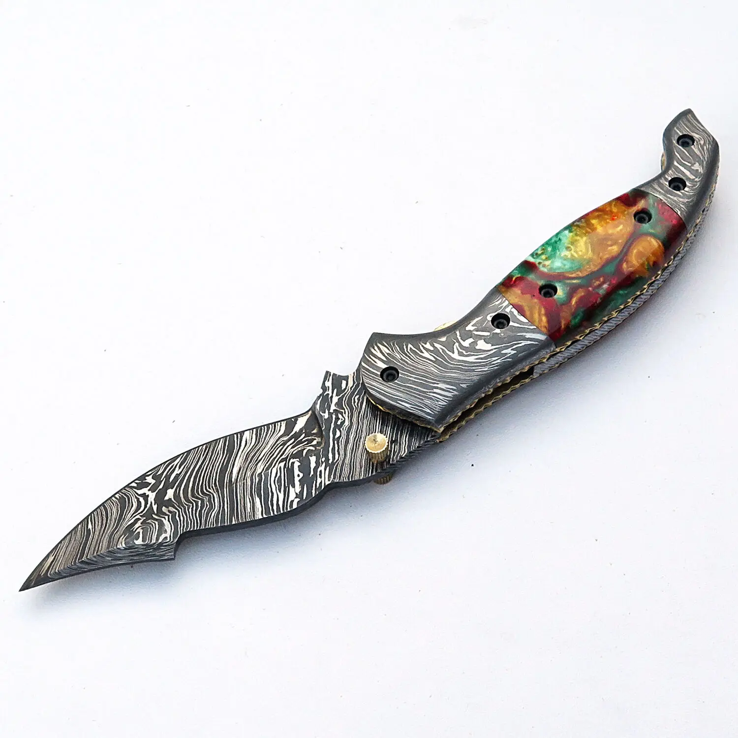 UNIQUE HANDMADE DAMASCUS STEEL FOLDING KNIFE LINER LOCK / HANDEL GEM STONE