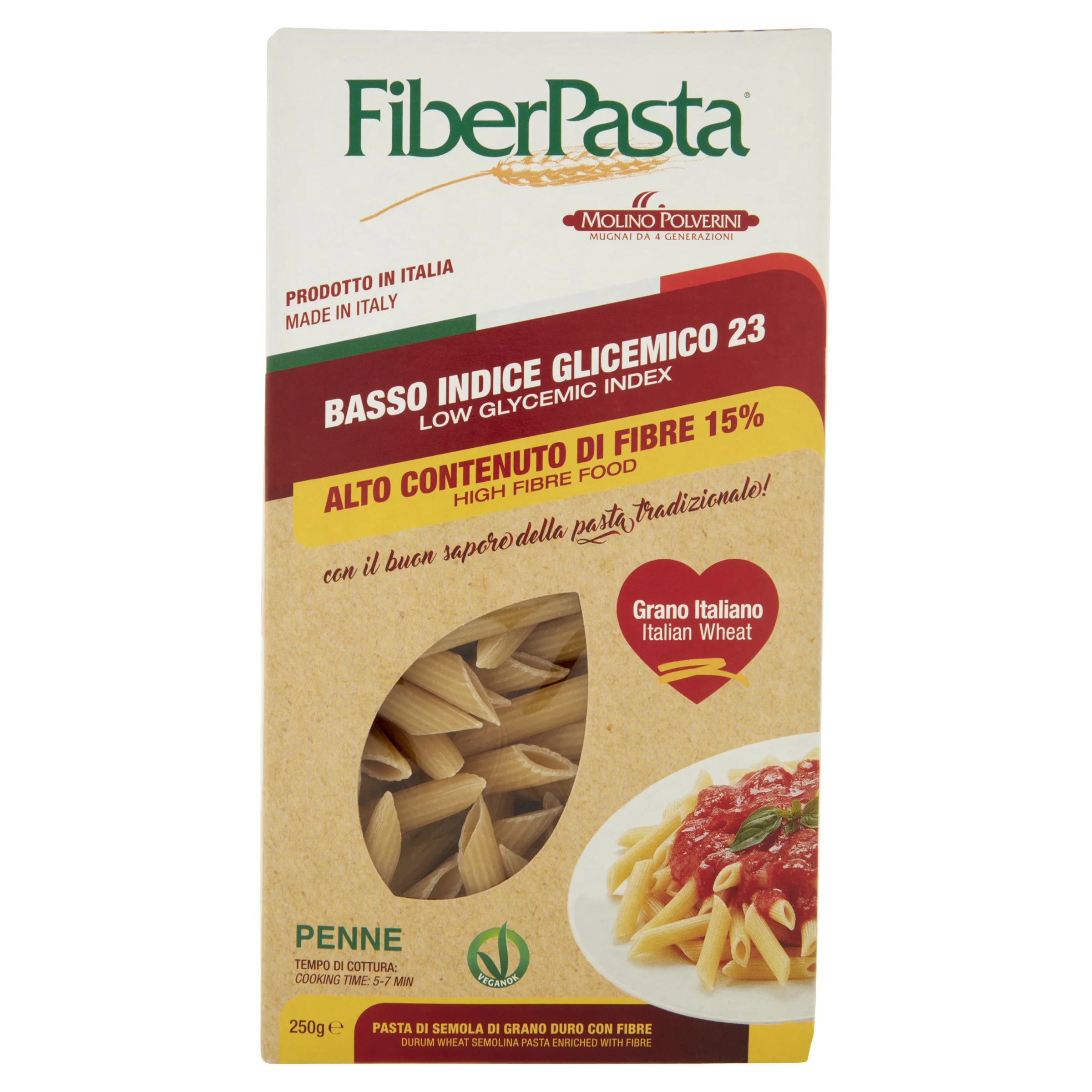 ITALIAN PREMIUM DURUM WHEAT PASTA PENNE 250g - HIGH IN FIBER WITH INULIN ADDED -  LOW GLYCEMIC INDEX -  PASTA WITH BENEFITS