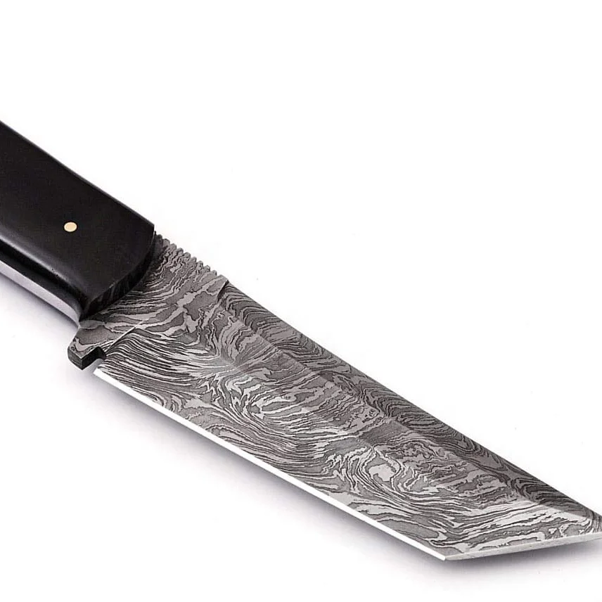 9.5 inches Custom Hand made Damascus fixed blade Tanto hunting and skinner knife with black buffalo horn handle