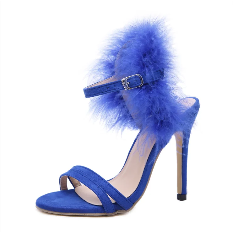 Latest fashion women shoes fluffy stiletto heels ankle strap sandals round Toe sexy Ladies shoes Summer wholesale high heels
