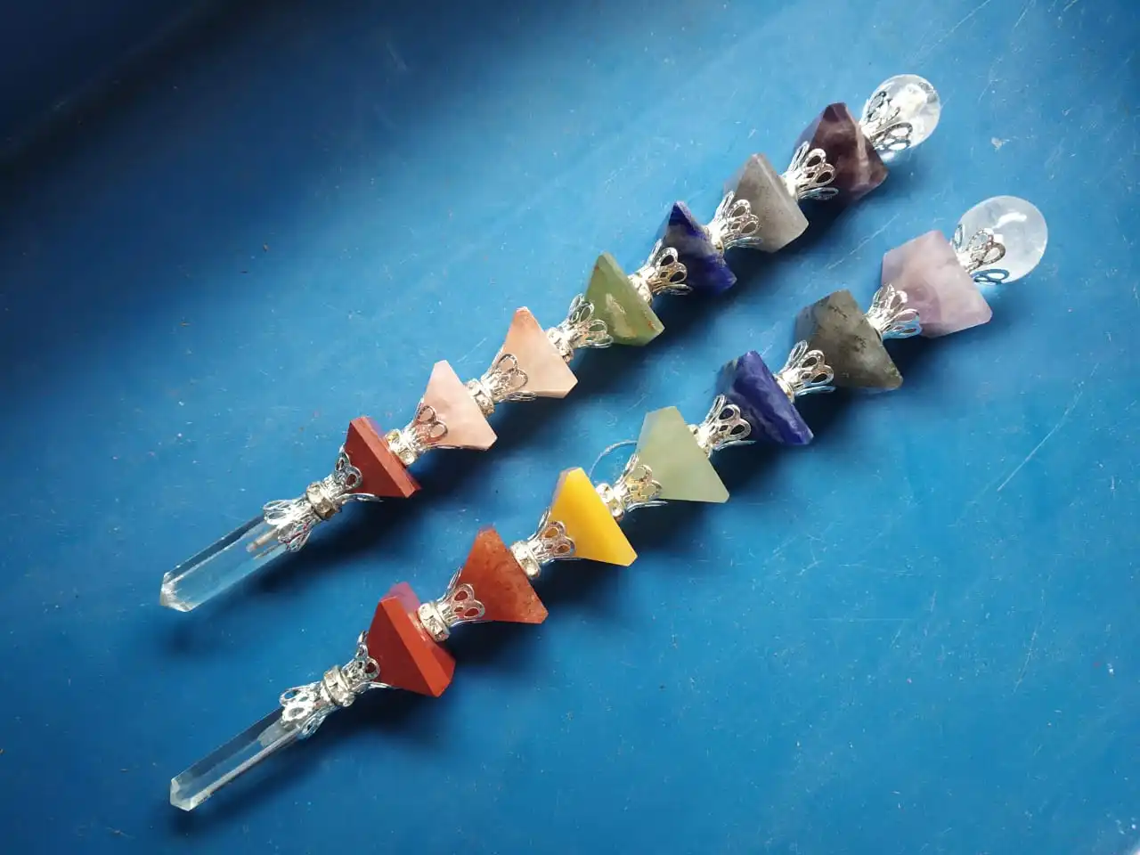 natural stone stick 7 chakra pyramid clear quartz crystal pencil point & beads seven chakra healing reiki wand