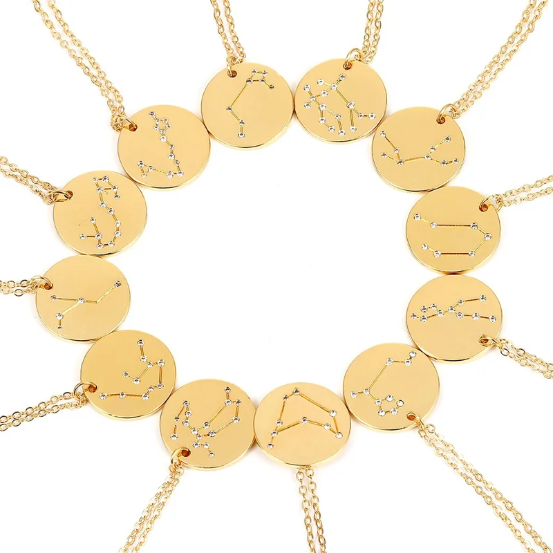 Wholesale 12  Necklace Gold Stainless Steel Astrology Zodiac Sign Pendant Necklace for Women