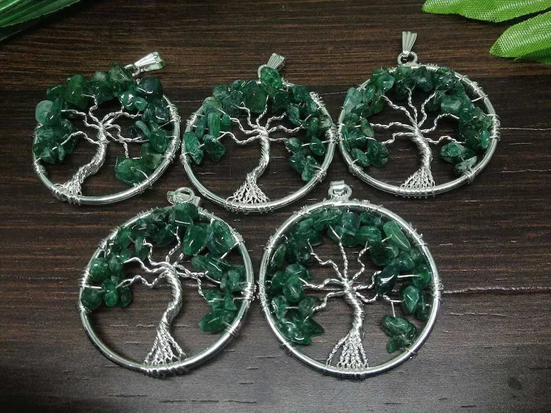 Green Jade Gravel Chip Stone Tree Silver wire wrapped Pendant/ WIRE WRAPPED ring Keychain  /GREEN JADE TREE OF LIFE PENDANT TREE