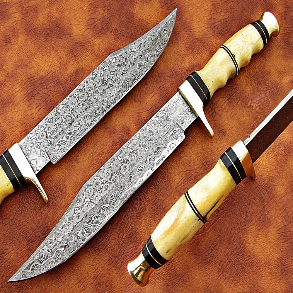 100% Top High Quality best wholesale Damascus Steel Hunting Bowie Knife with Bone handle and pure Leather Sheath  SCW-HBK-0043