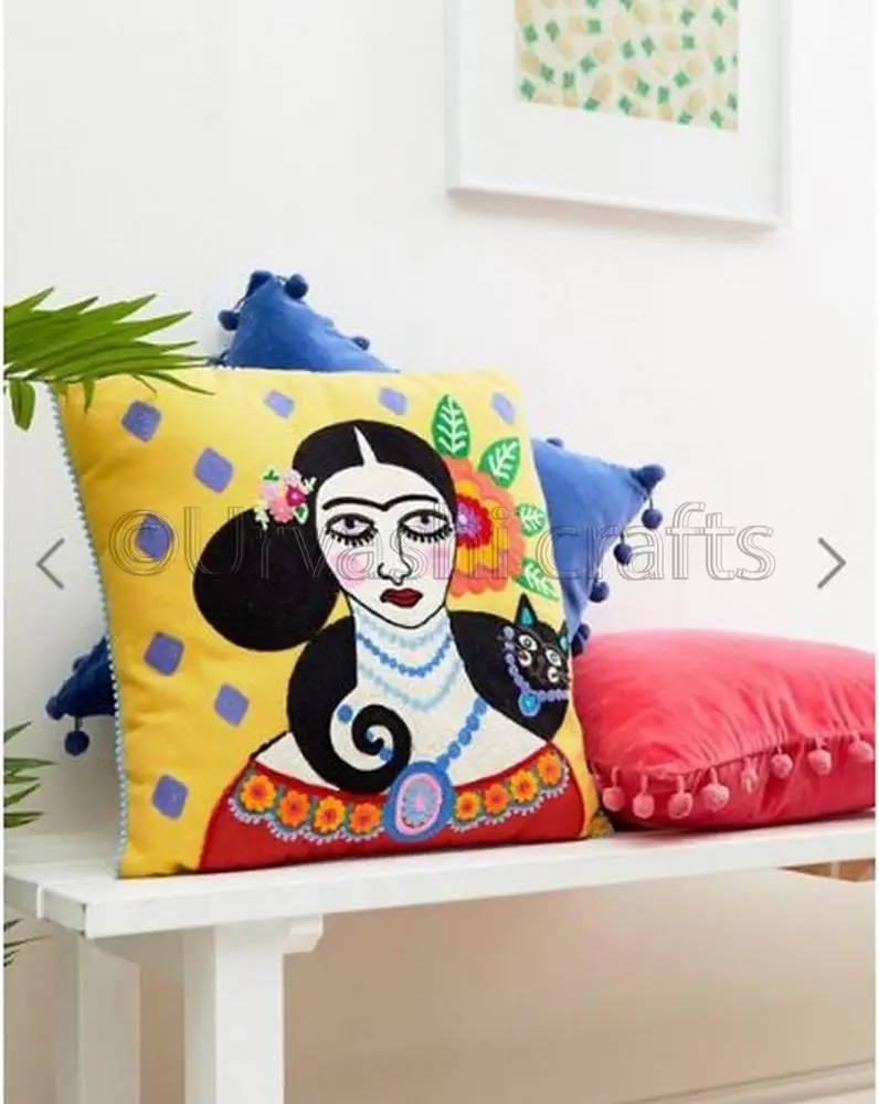 Indian Ethnic Hand Embroidered Printing Cushion Cover Beautiful All Around Pom Pom Lace Modern Cushion Cover