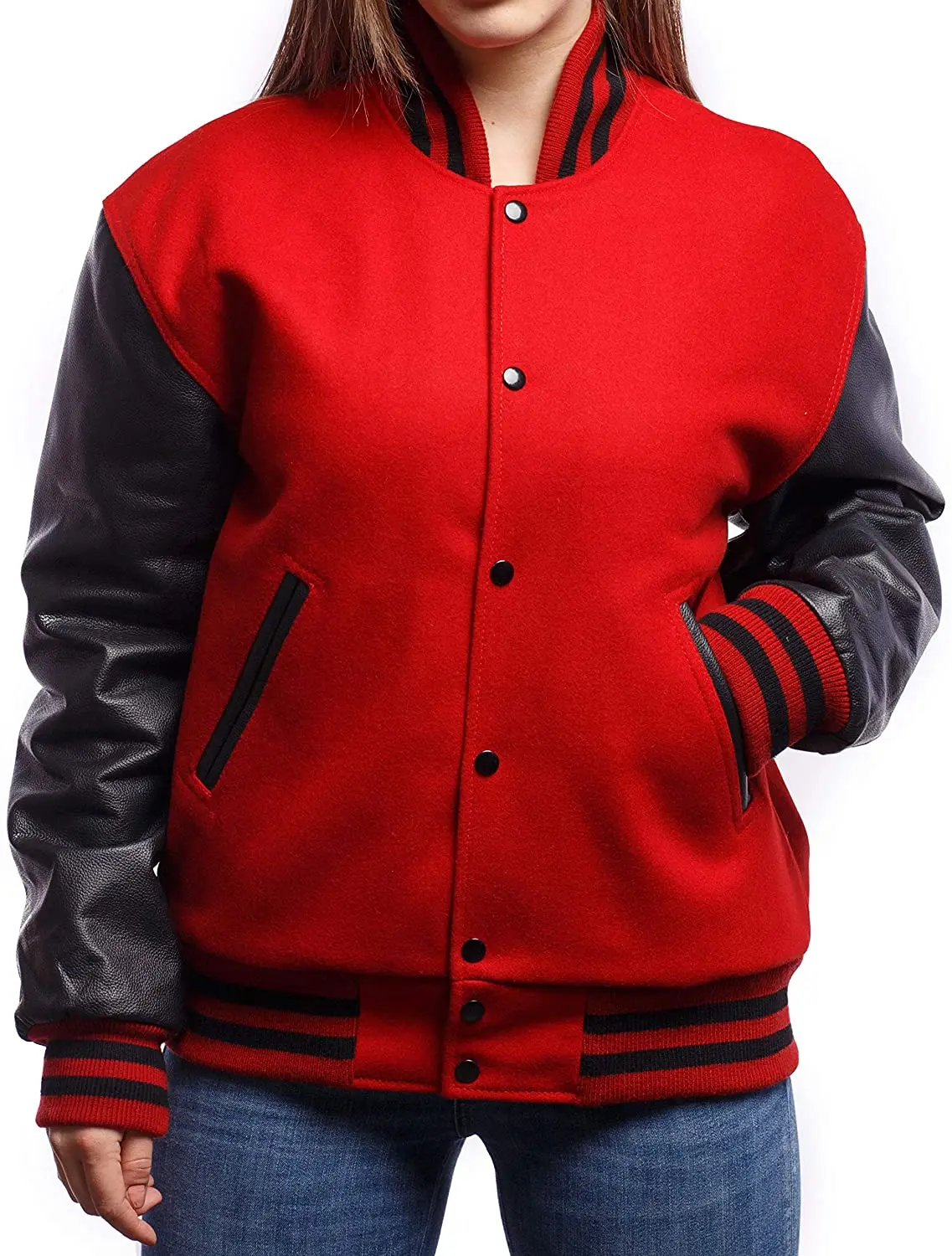 Оптовая продажа однотонная мужская или Женская Черная бейсбольная куртка Letterman varsity с кожаными рукавами