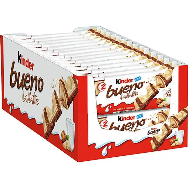 KINDER BUENO WHITE 2 bars per Pack, Full Box Of 2 x 30 x 43g, Very Long Expiry