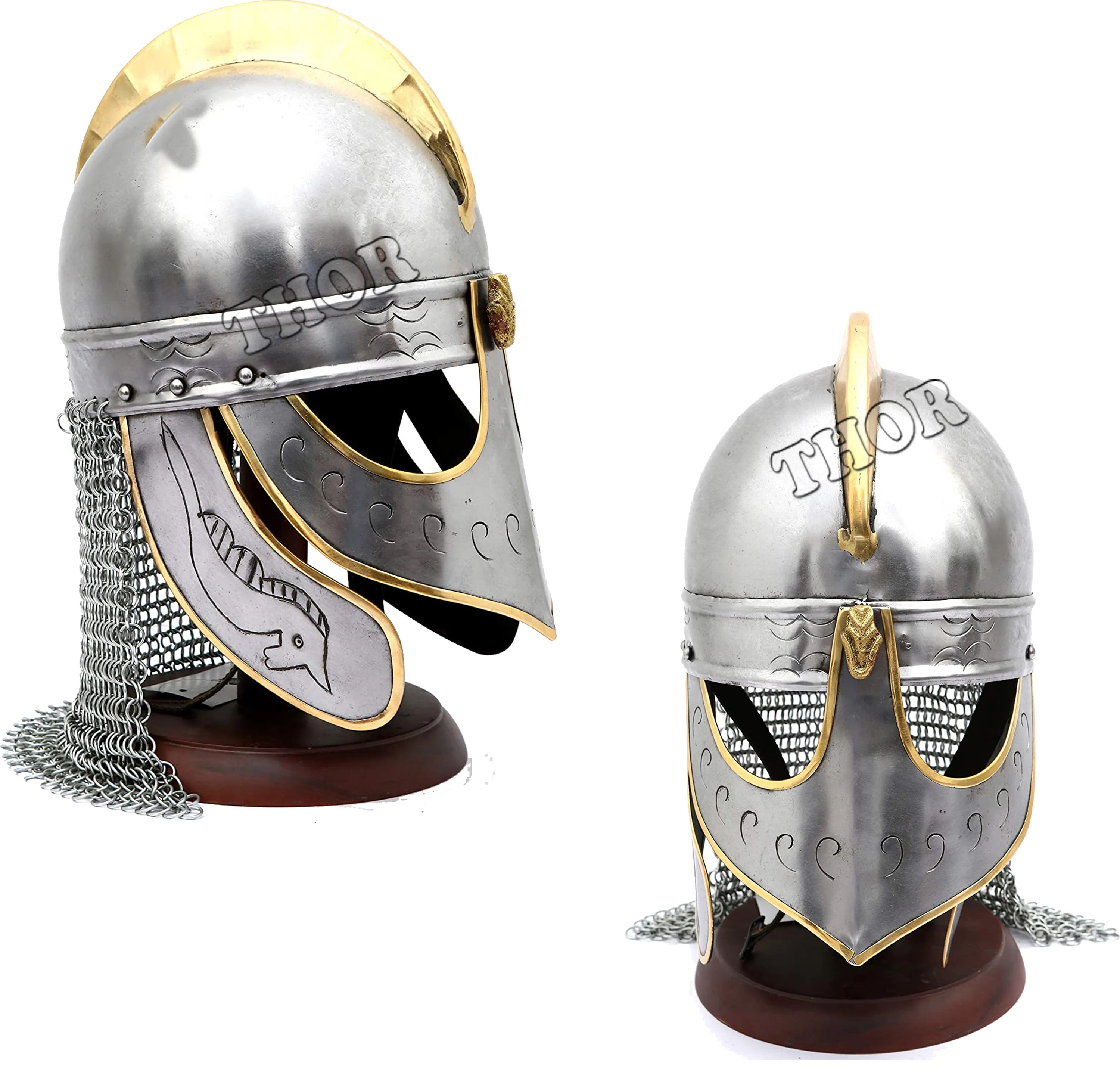 Medieval Viking Helmet Battle Armor 18G Steel and ~Chainmail Historical helmet SIlver Polished W/Wooden Stand