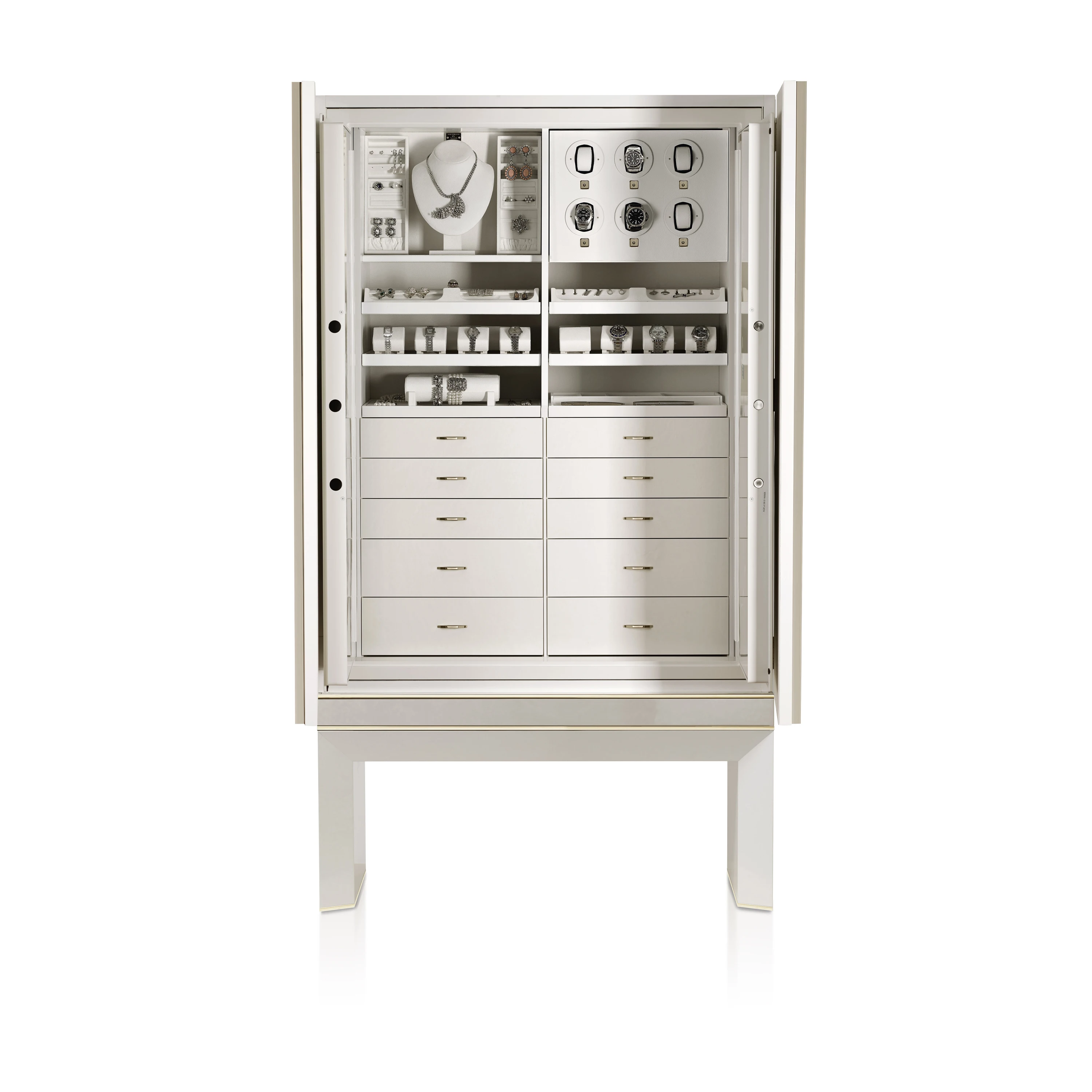 Бронированный ювелирный шкаф в отполированном кленовом корпусе с белыми птичьими глазами и золотой фурнитурой 24 карата. Биометрическое открывающее устройство