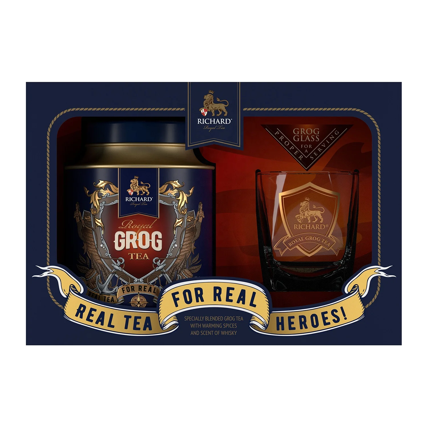 Чайный набор Richard Royal Grog, специи и цитрусовые ароматизированный черный чай с листьями 120 г оловянный Caddy + элегантное Фирменное стекло для сервировки