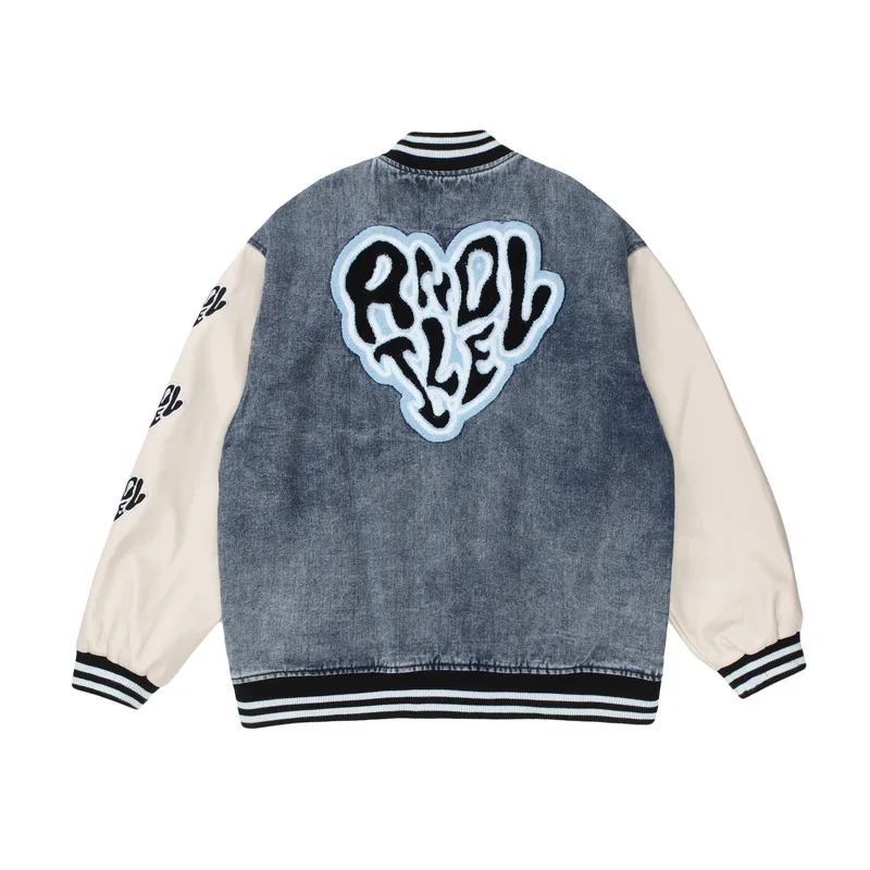 American Retro Hip Hop jacket Love Washed Denim PU Leather Sleeves Embroidered Oversize jacket Baseball varsity jacket Unisex