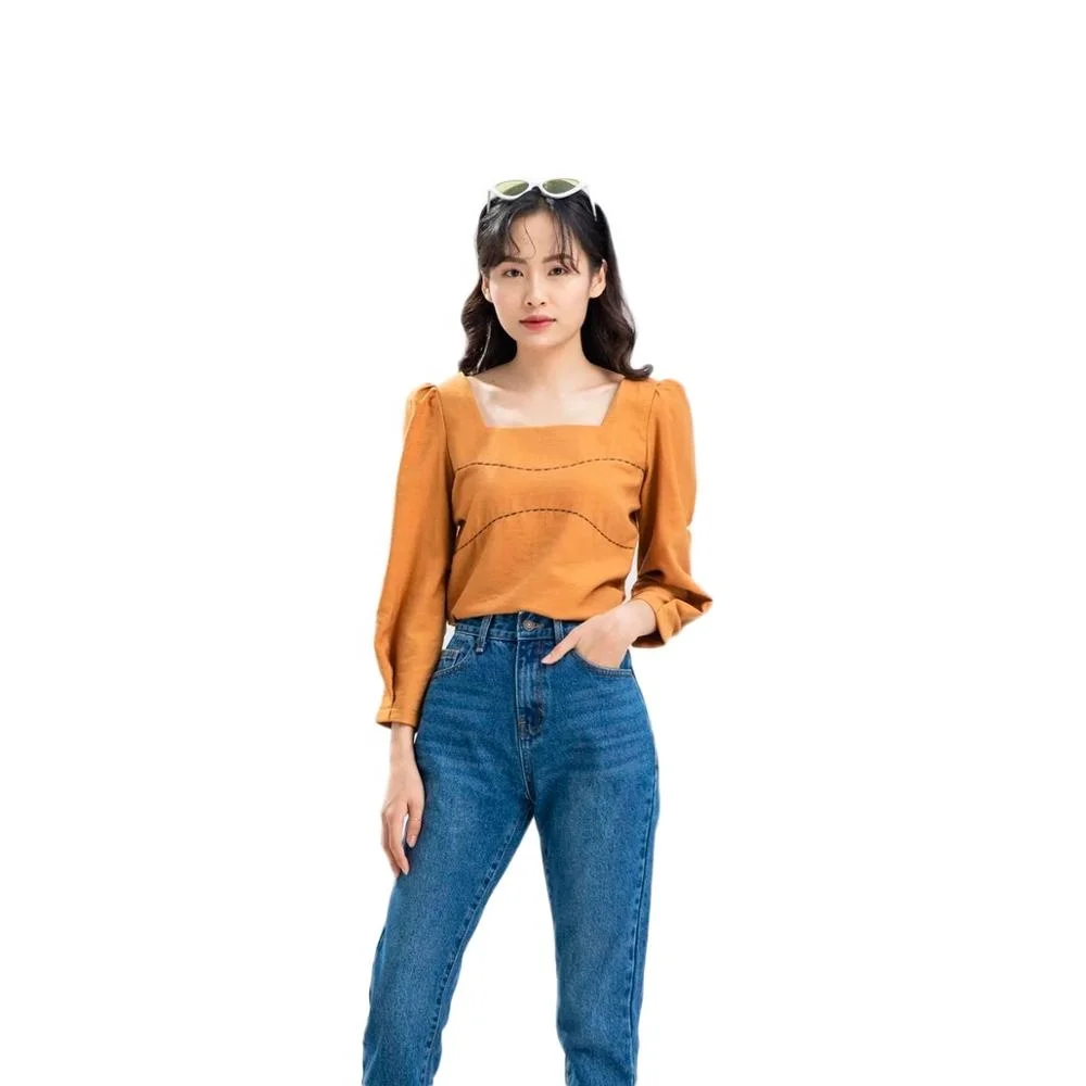 Green Square Neckline Empire Puff Sleeve Fashion Vintage Crop Top Blouses Woman 2020