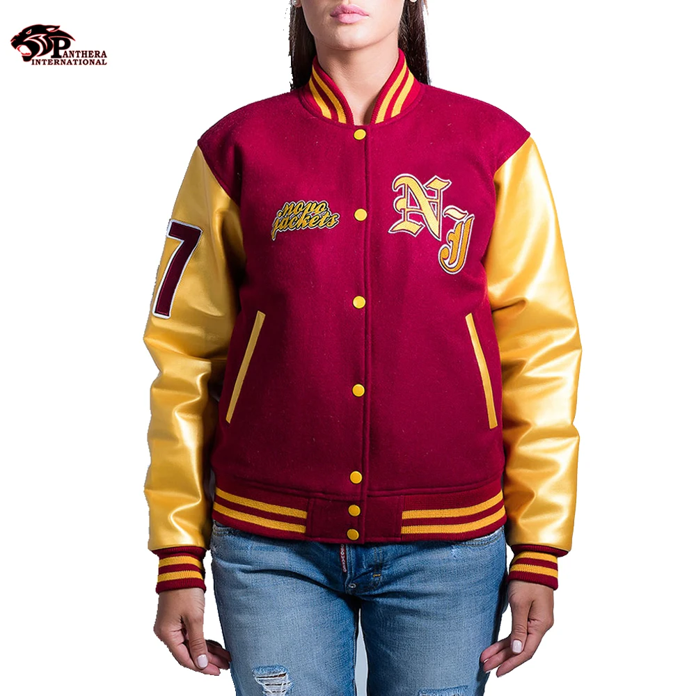 Custom made varsity jacket yellow leather sleeve red maroon wool body varsity letterman jacket