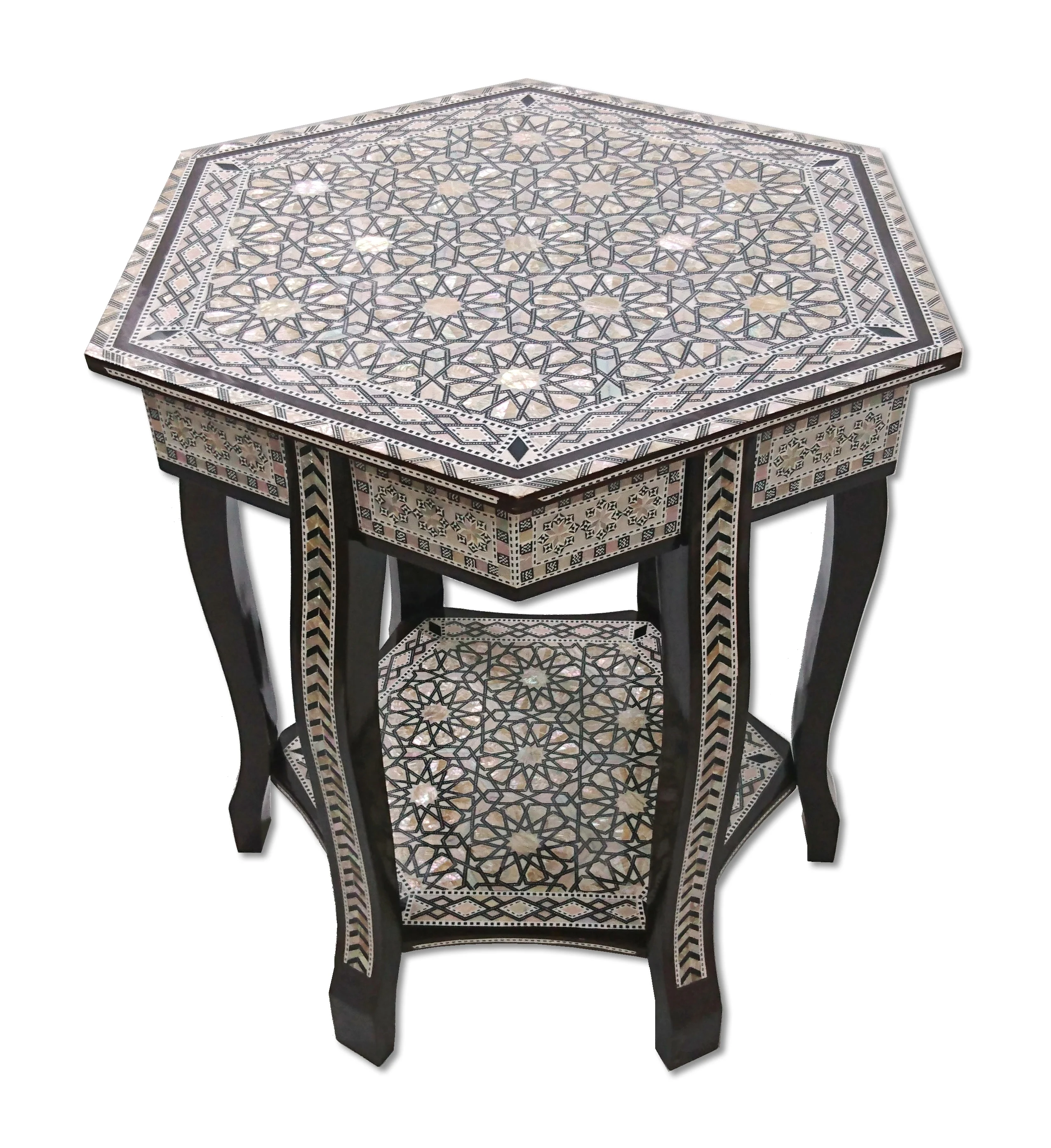 W167 Handcrafted Mother of Pearl Inlaid Art Hexagonal Double Countertop Table