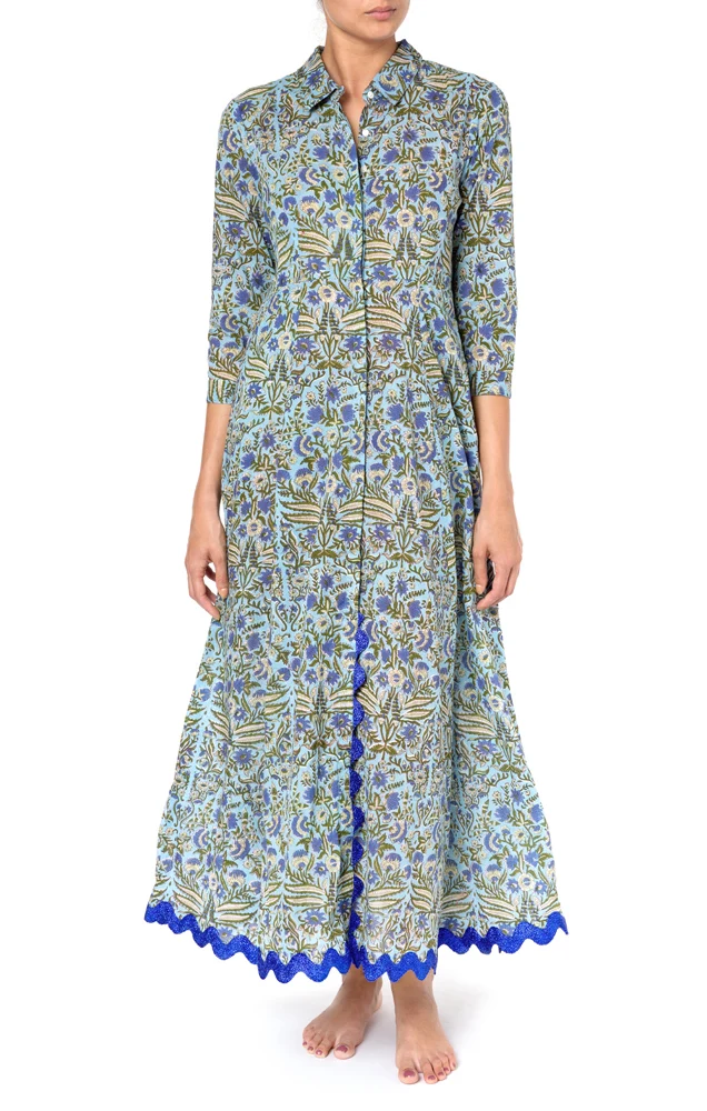 Strong Retro Vibe Fresh New Botanical Blooms Ladies Shirt Dress Beautiful Women Soft Vivid Cornflower Print Blue Elegant Dress