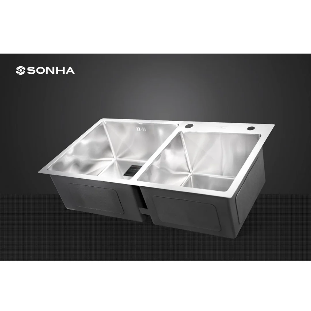 High quality double bowls Handmade Kitchen Sink with siphon set Made In Vietnam International standard