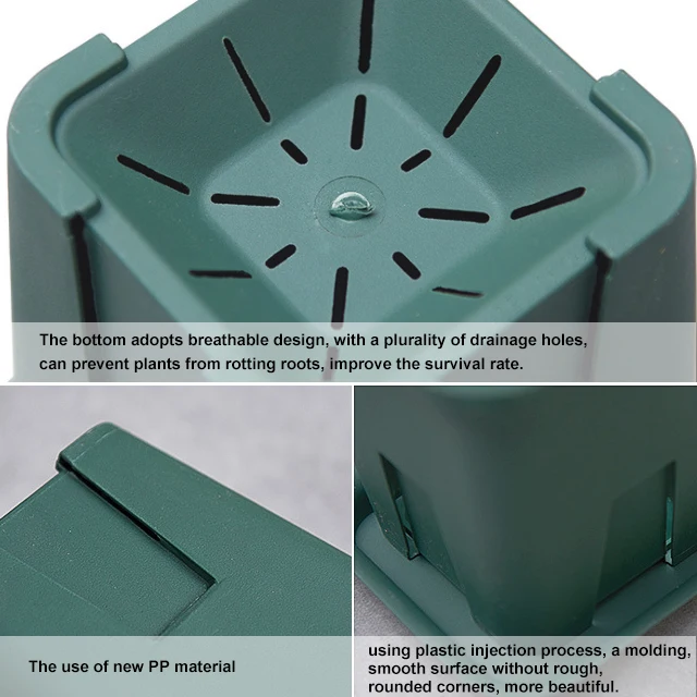 Factory Wholesale Permeable Indoor Outdoor Square Plastic Pots with Tray Green Plastic Pots for Plants Flowers