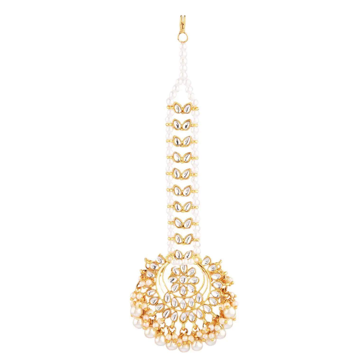 Indian Kundan Jewellery Manufacturers Faux Pearl Beaded Traditional Bridal Maang Tikka Jewelry For Women, White