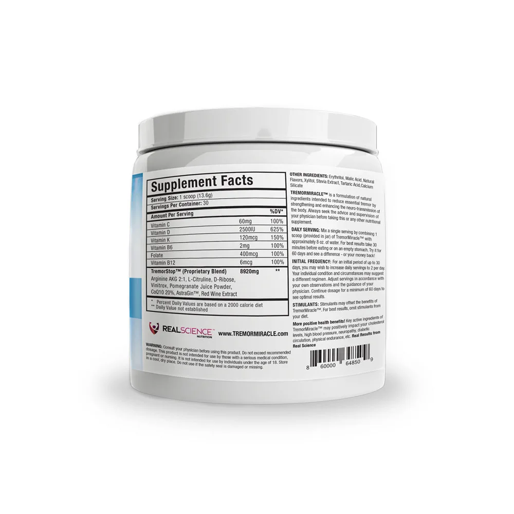 Tremor Miracle Essential Tremor Herbal Supplement Powder Hands Legs Feet Head Tremors (13.4 Oz Grape Flavor)