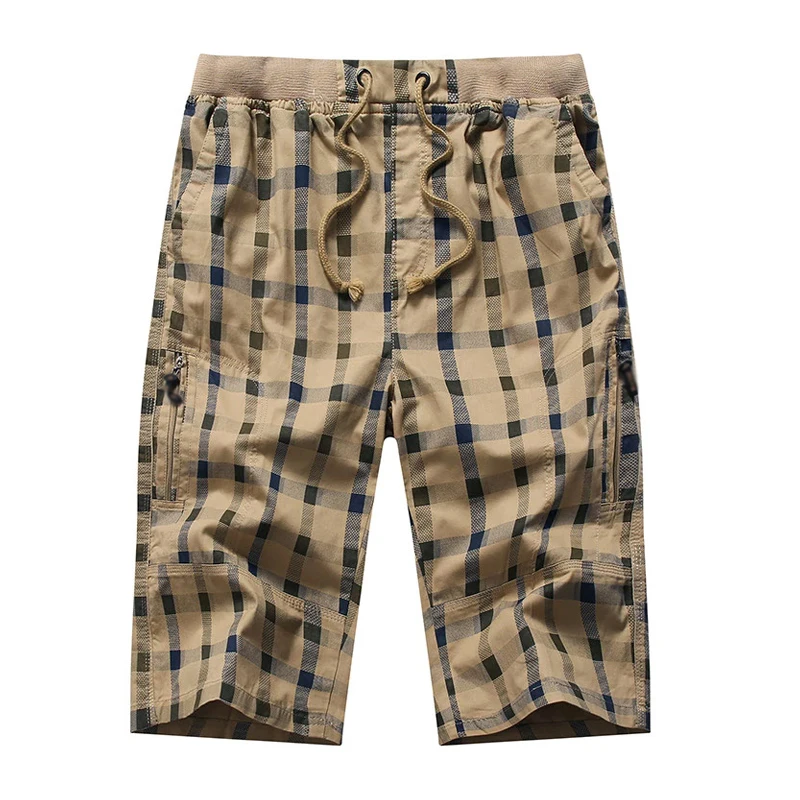 Long Shorts Men Plaid Capris Cotton Summer 34 Length Back Zipper Pocket Male Comfort Elastic Waistband Breeches