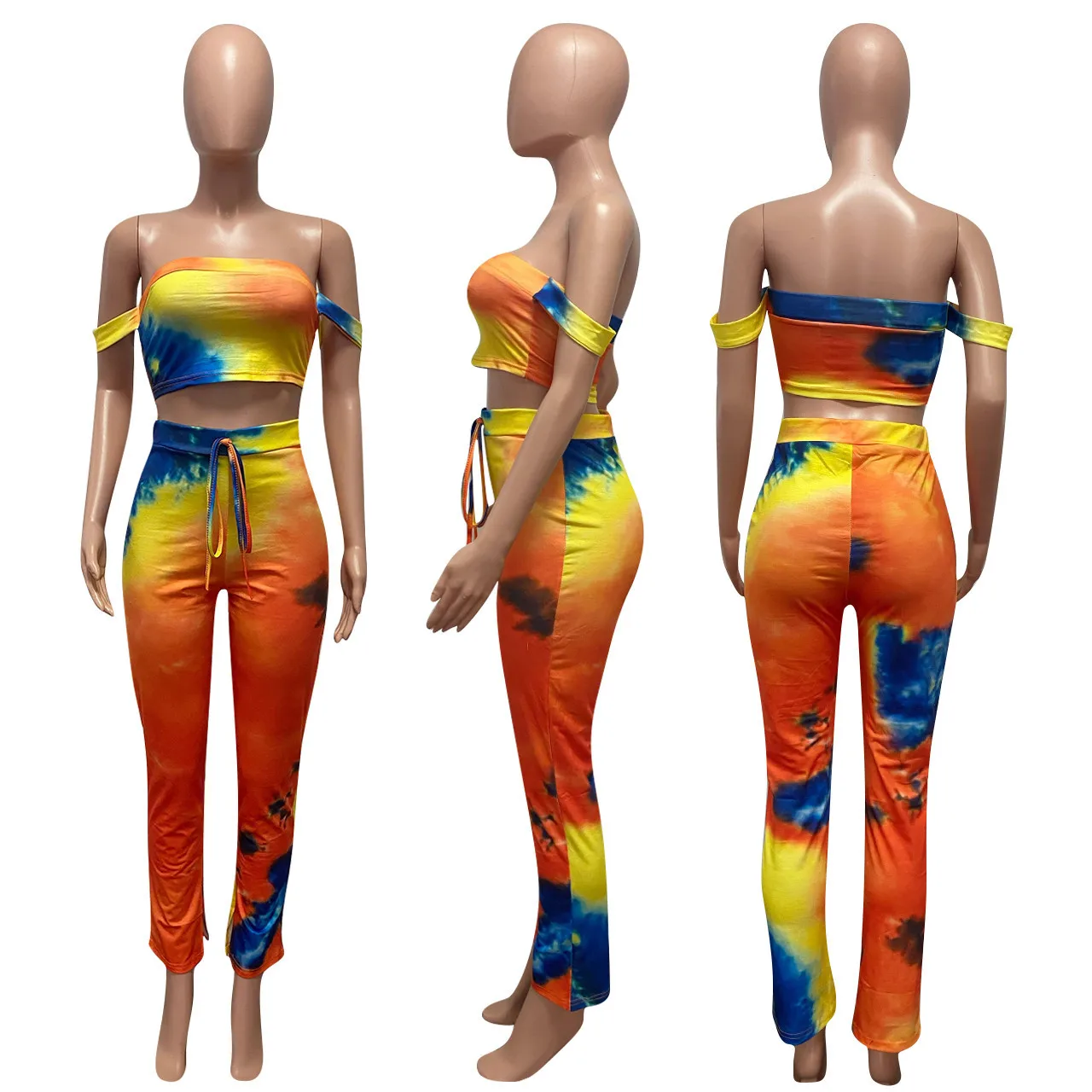 2021 Women Summer Stacked 2 Piece Set Women Stacked Slit Pants Joggers Womens Tie Dye Stacked Leggings Two Piece Outfits
