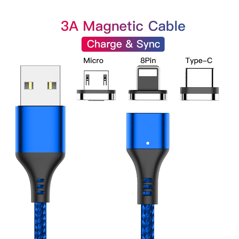 1M 2M 3M Led Light Usb Cable 3 In 1 V8 3A 5V Fast Micro Type C Magnet Charger Magnetic Charging Usb Data Cable For Iphone