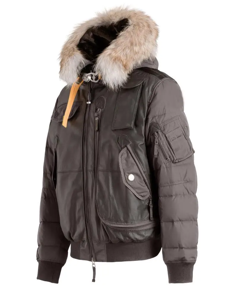 
 Высококачественная водонепроницаемая куртка-бомбер на утином пуху из синтетической кожи с капюшоном из синтетического меха  